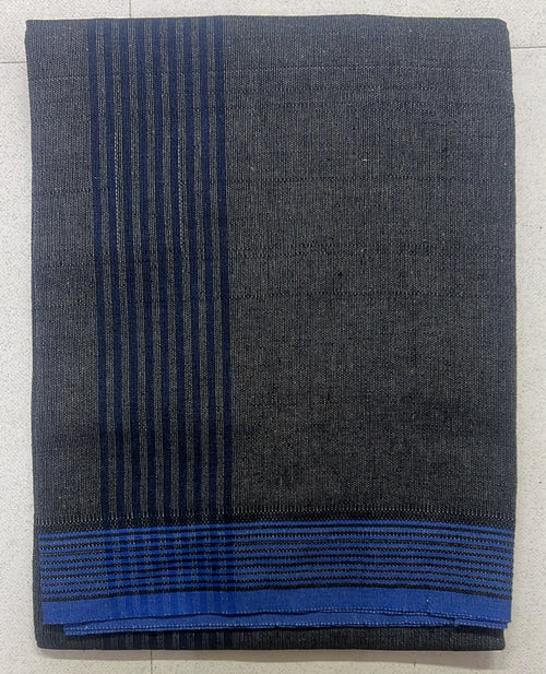 Auraline Classic Black Mundu – Blue Woven Border SM04