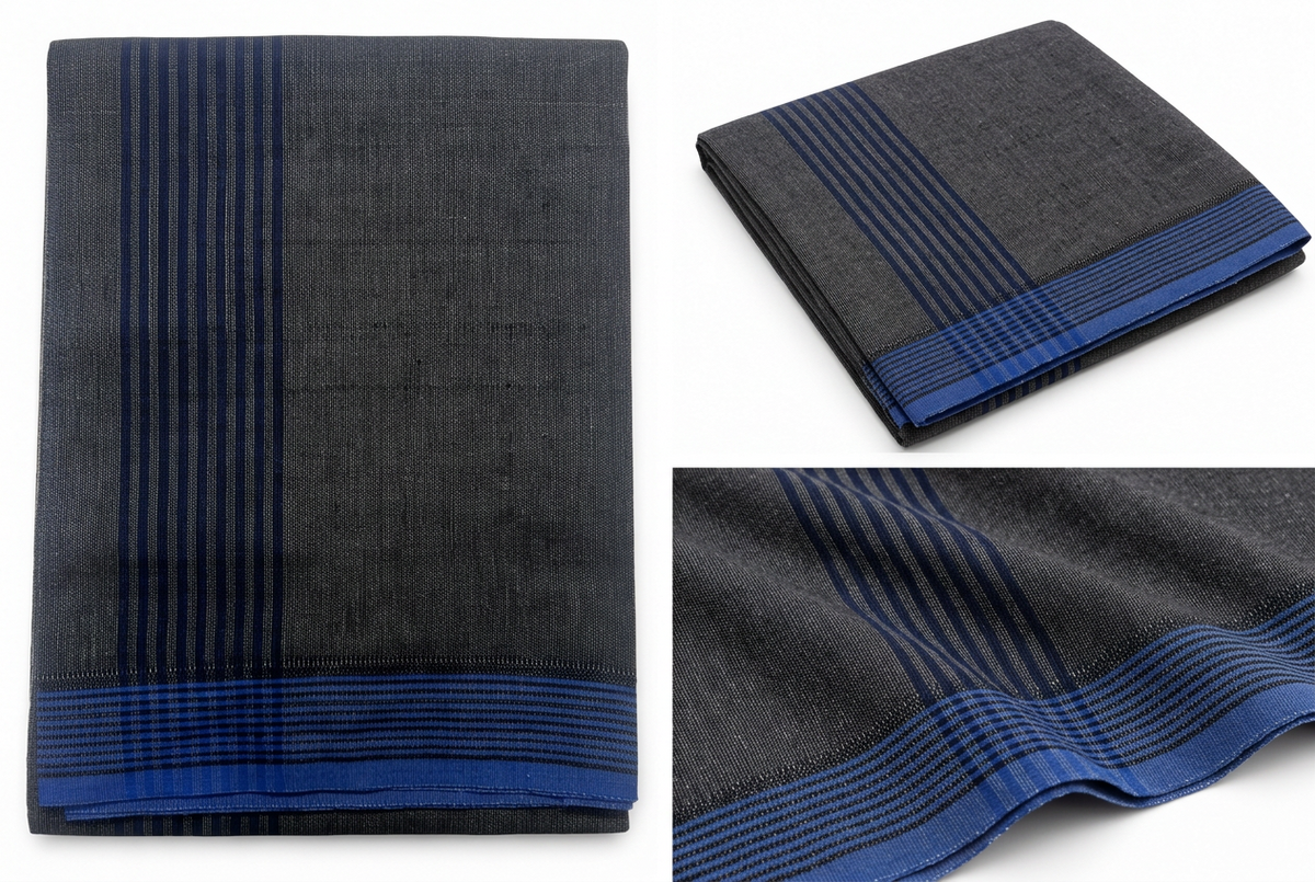 Auraline Classic Black Mundu – Blue Woven Border SM04