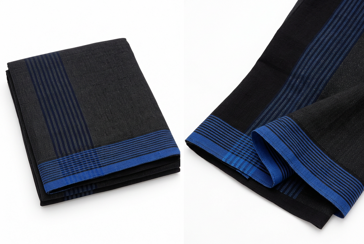 Auraline Classic Black Mundu – Blue Woven Border SM04