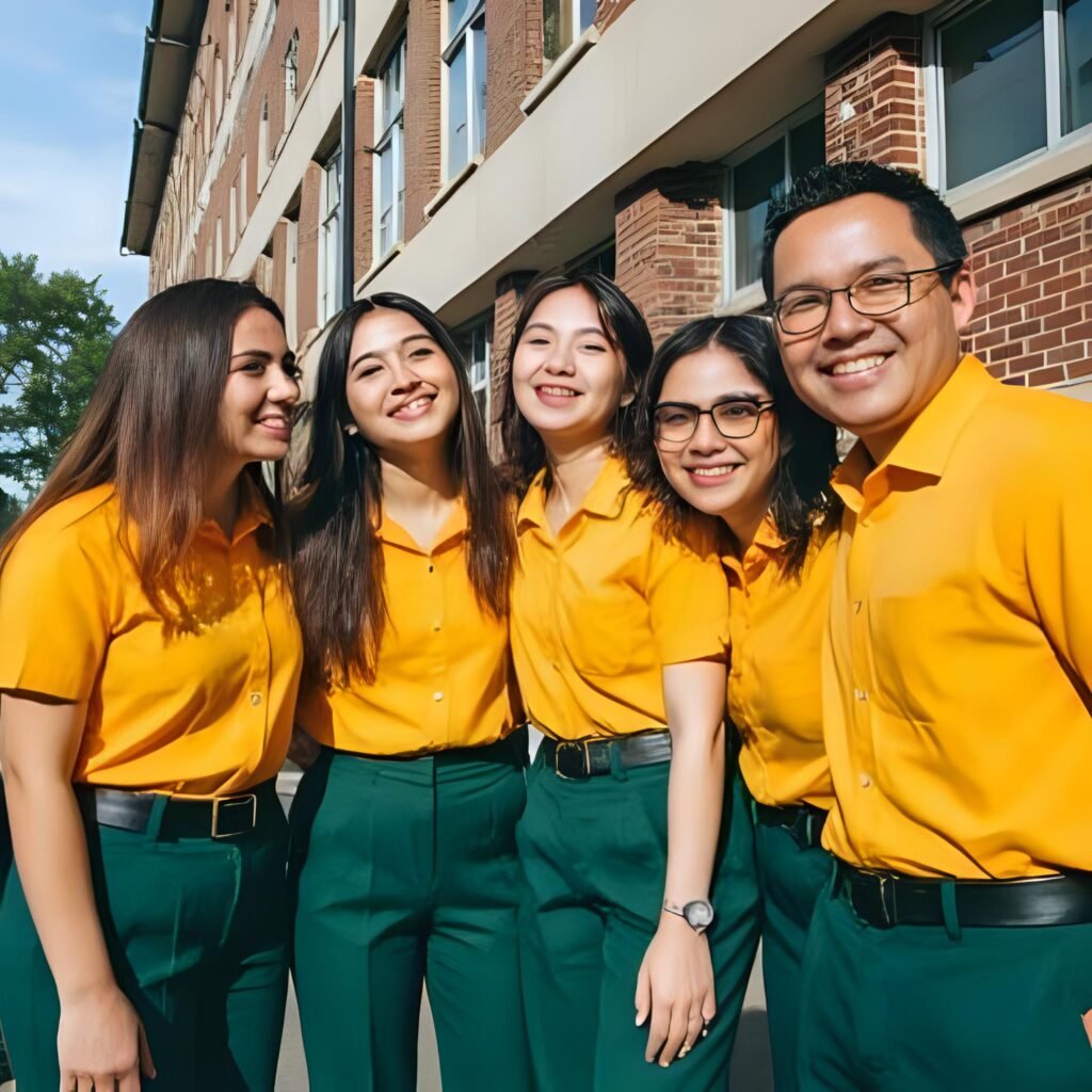 AURALINE ATTIRES engineering college uniforms , shirts and pants, bottle green colour pant and #00ff7f colour shirt